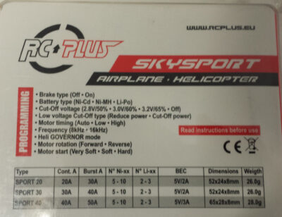 Rc Plus-  ESC SkySport 30 Ampere per Aerei e Elicotteri Cod. RC-SKS-030-B - immagine 2